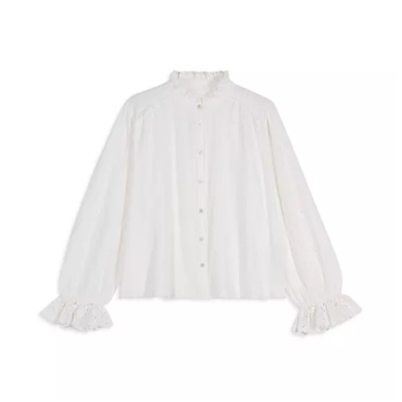 ba&sh Women’s Feely‎ Eyelet Ruffle Trim White Shirt Cottage-core Romantic Small - Picture 4 of 10